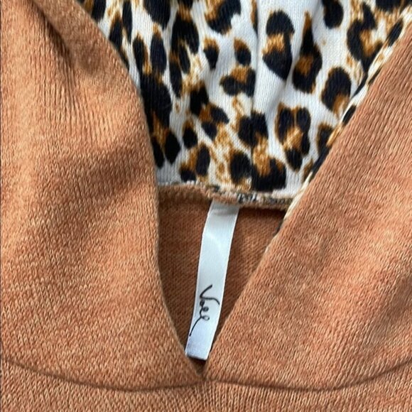 Women’s Mustard Hooded Sweater Tunic with Leopard Print Sleeves and Pockets - Picture 2 of 4